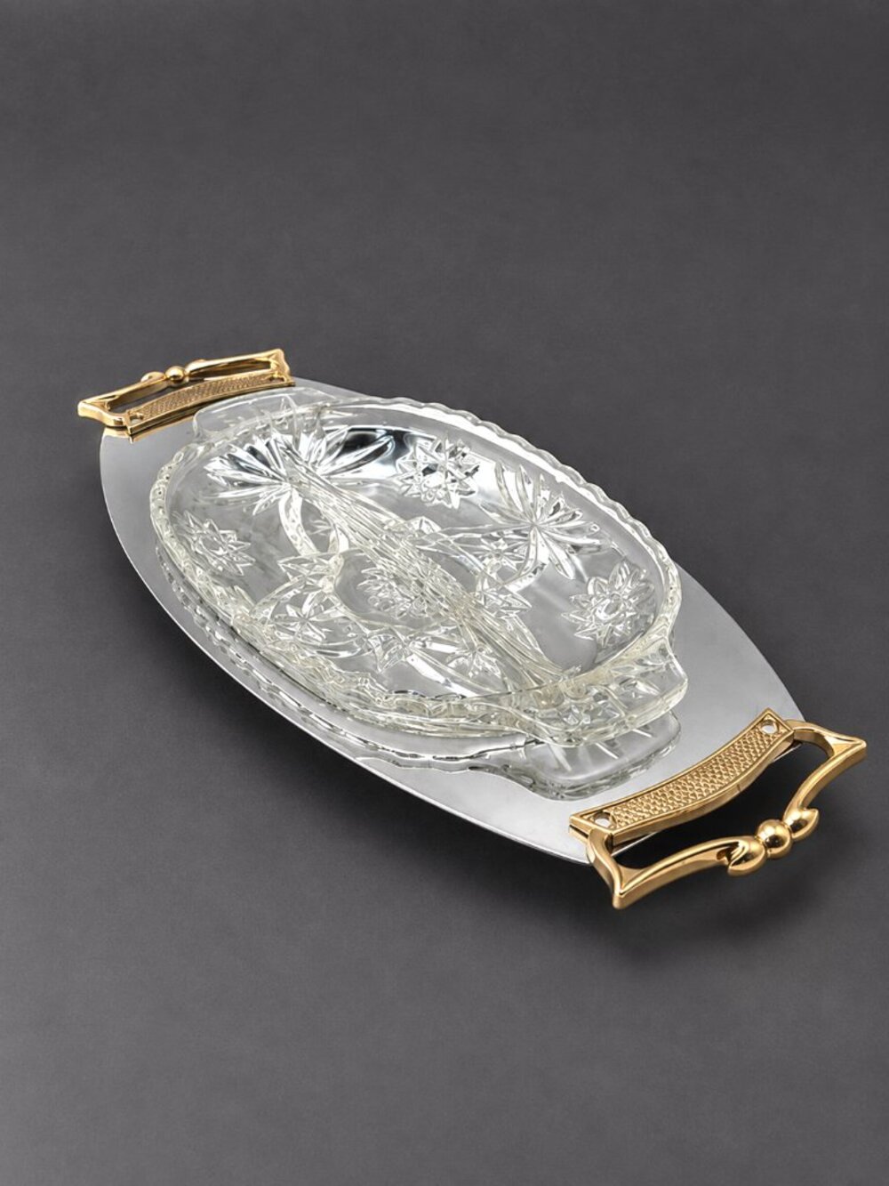 Vintage Kromex Chrome Serving Tray Gold Handles Glass Insert 14”